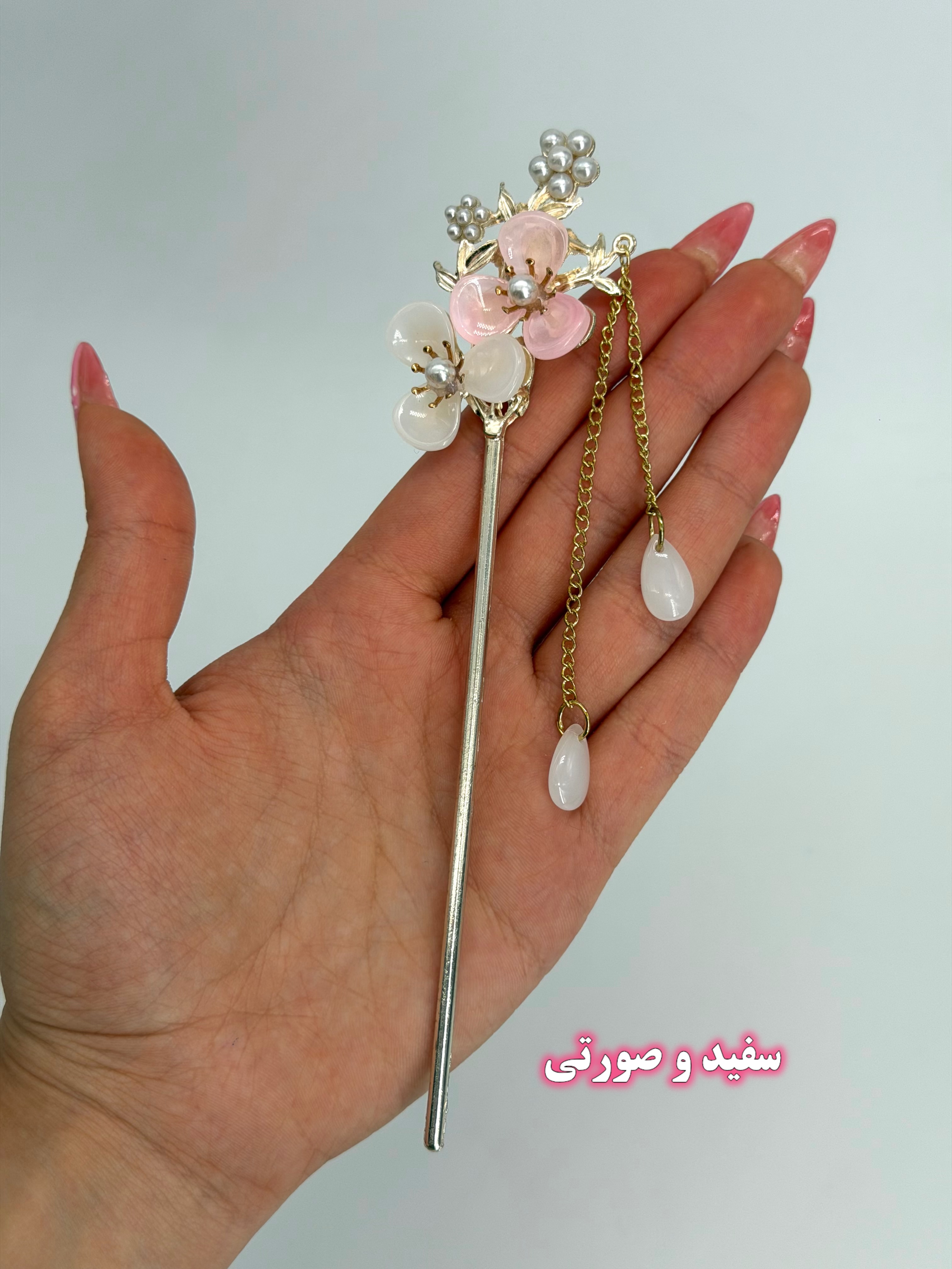 کانزاشی فلزی گل کریستالی با آویز مروارید و کریستال