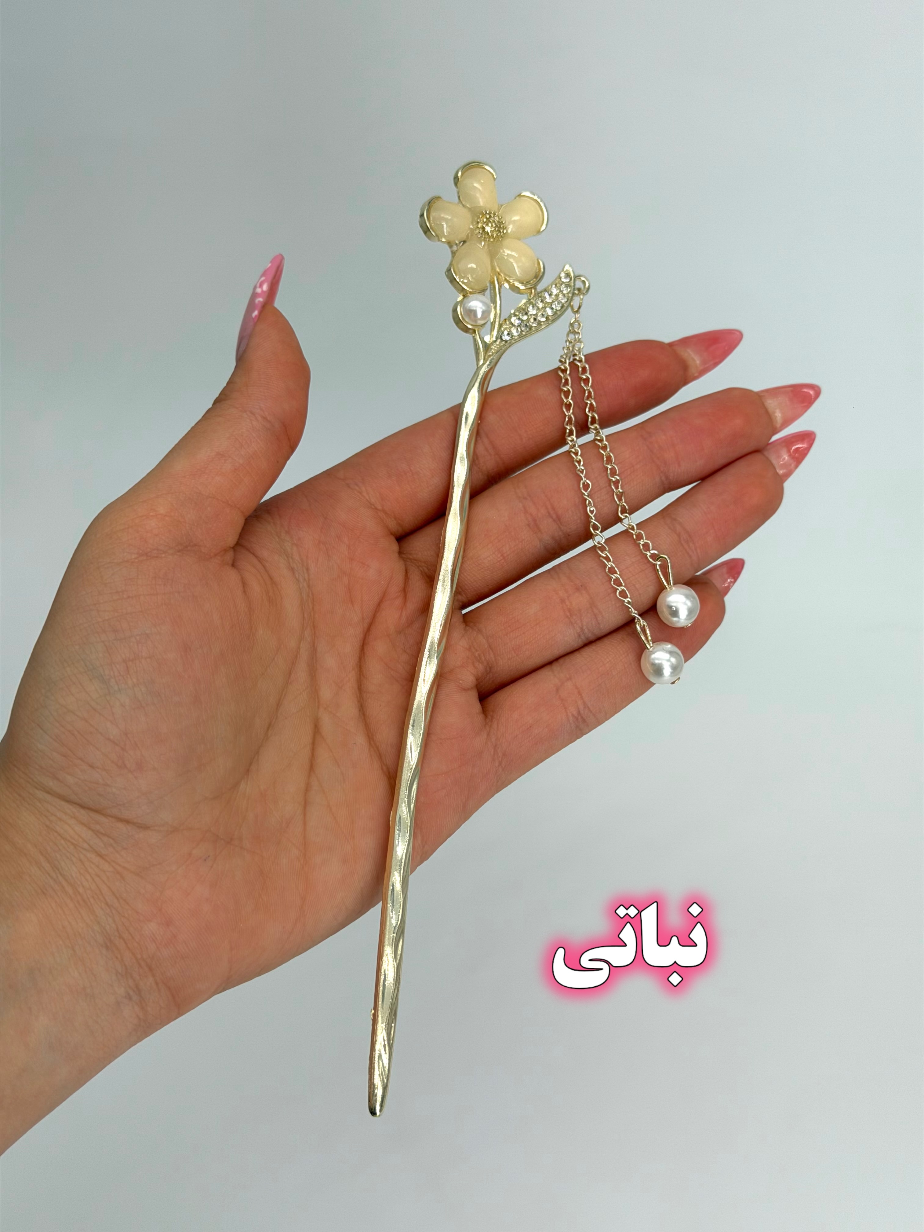 کانزاشی فلزی گل کریستالی با آویز مروارید و کریستال
