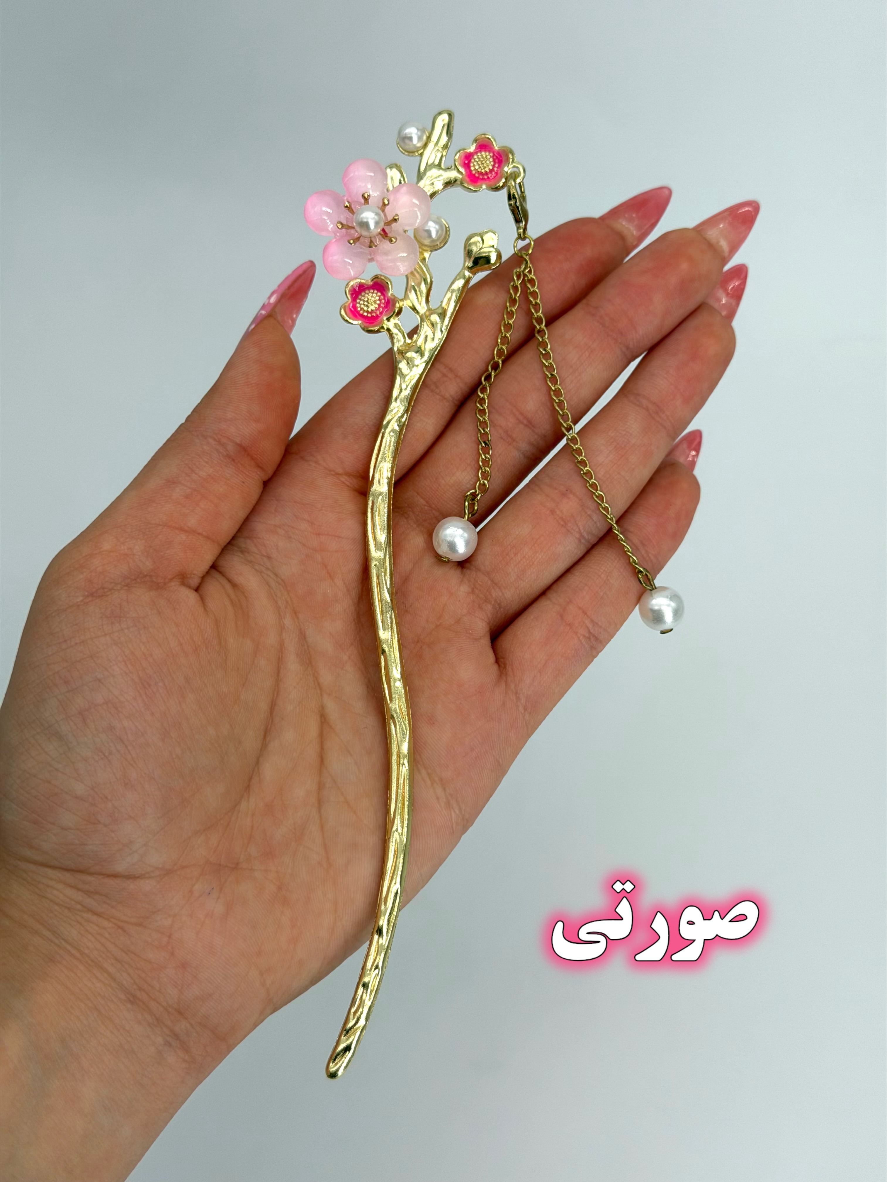 کانزاشی فلزی گل کریستالی با آویز مروارید و کریستال